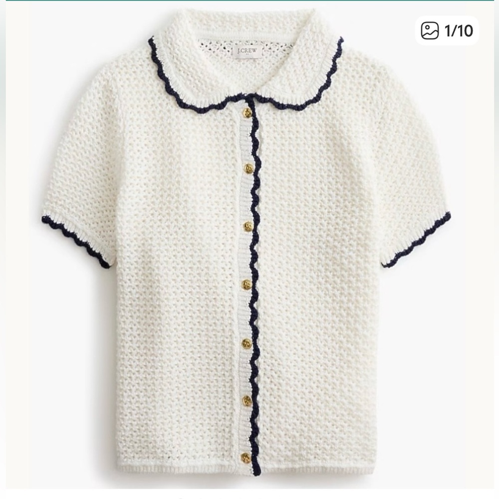 J CREW Crochet Open Knit Button Cardigan Top Blouse White Navy Scalloped Trim